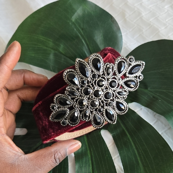 Chico's Accessories - Chico's Elegant Burgundy Velvet Belt with Black Gemstone Buckle Embellishment